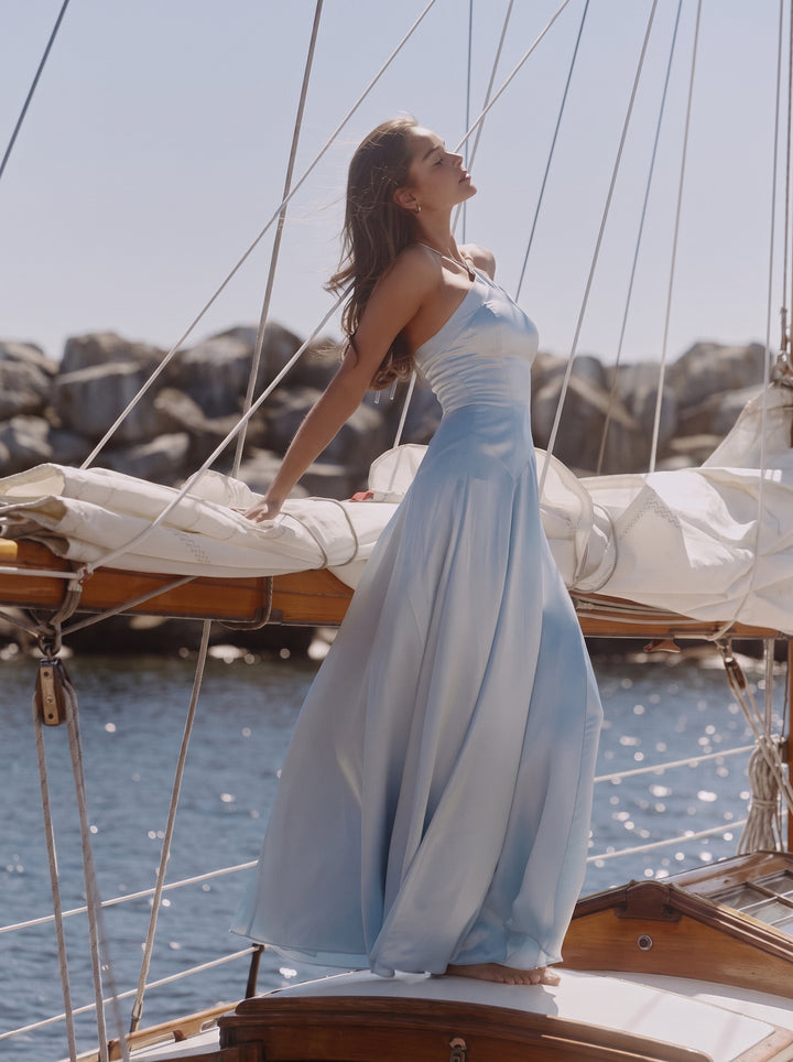 Avelina Halter Saten Maksi Elbise - Mavi - Mavi detay 1