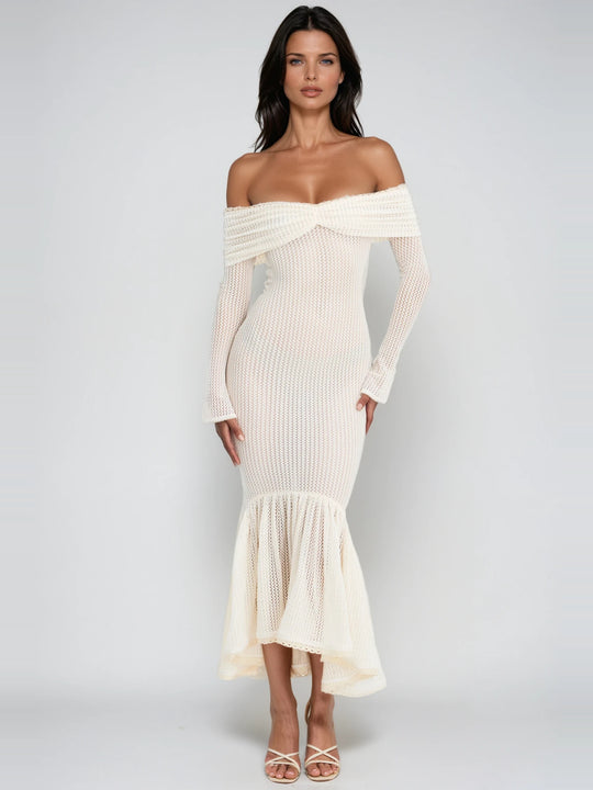 Dilwen Düşük Omuz Örme Bodycon Midi Elbise - Krem - Krem detay 1