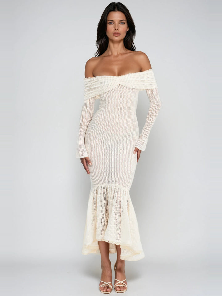 Dilwen Düşük Omuz Örme Bodycon Midi Elbise - Krem - Krem detay 1