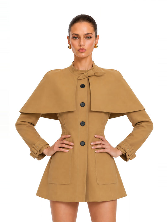 Azzurra Pelerin Detaylı Düğmeli Trençkot Mini Elbise - Camel - Camel detay 1