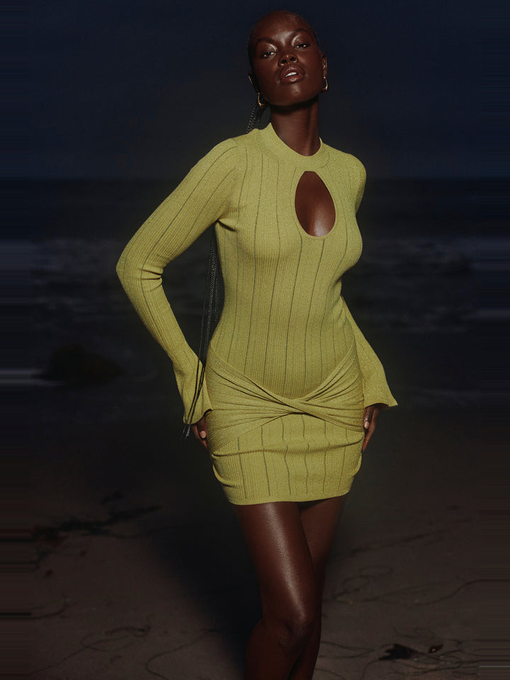 Aziza Uzun Kollu Örme Bodycon Mini Elbise - Fıstık Yeşili - Fıstık Yeşili detay 1