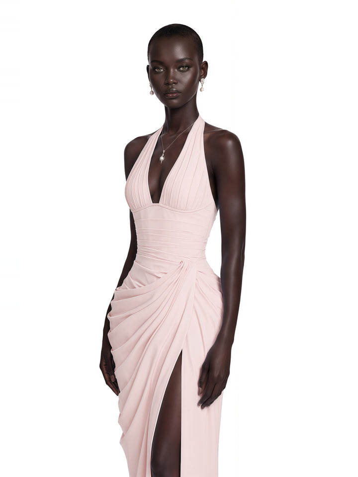 Ombeline Halter Korse Yırtmaçlı Maksi Elbise - Pembe - Pembe detay 1