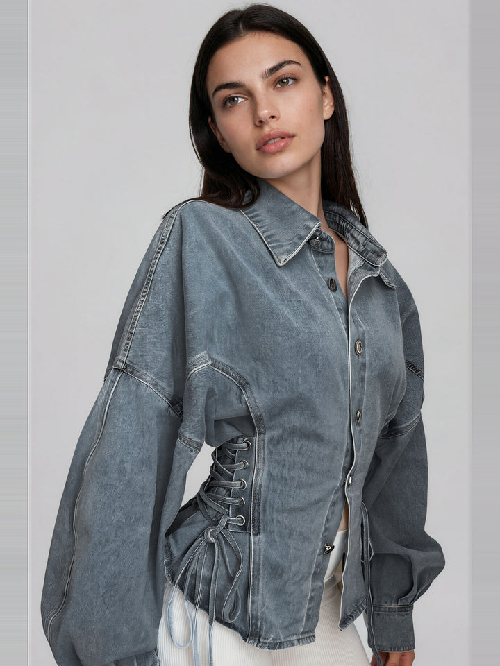 Khaza Korse Bağcıklı Oversize Denim Gömlek - Gri Mavi - Gri Mavi detay 1
