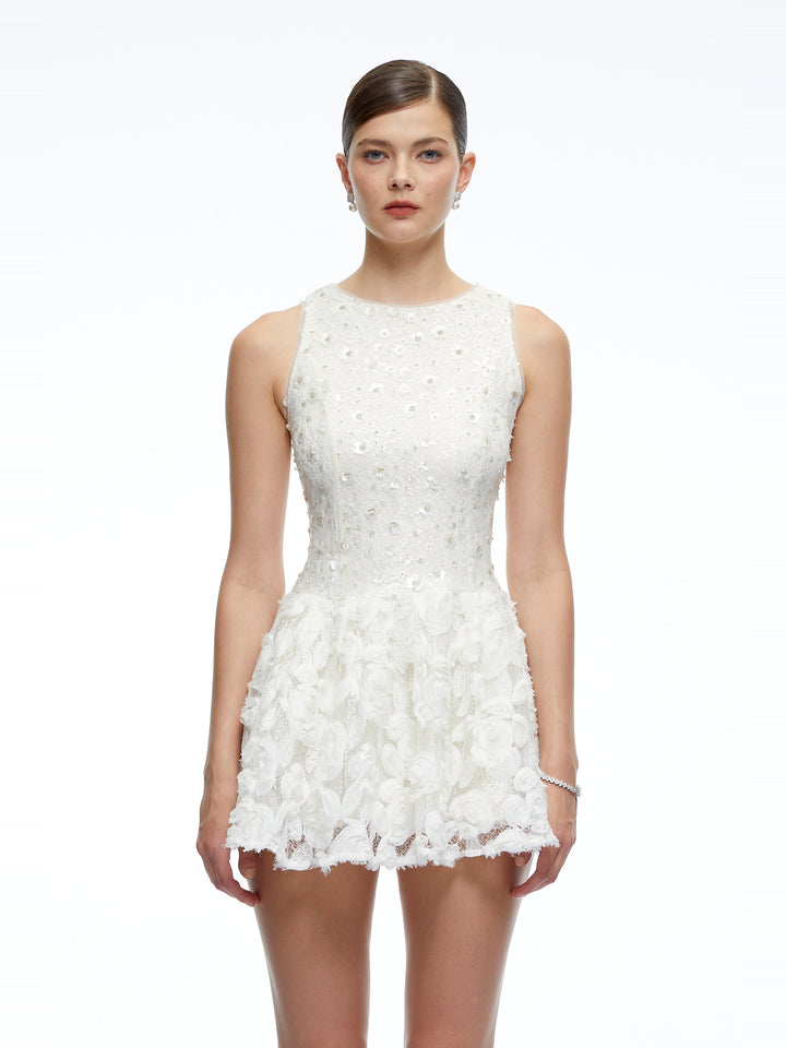 Hailey Çiçekli Dantel Kloş Mini Elbise - Naturel - Naturel detay 1