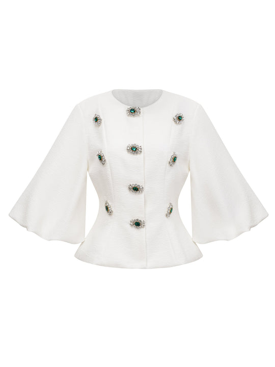 Bérénice Balon Kol Taşlı Peplum Ceket - Beyaz - Beyaz detay 1