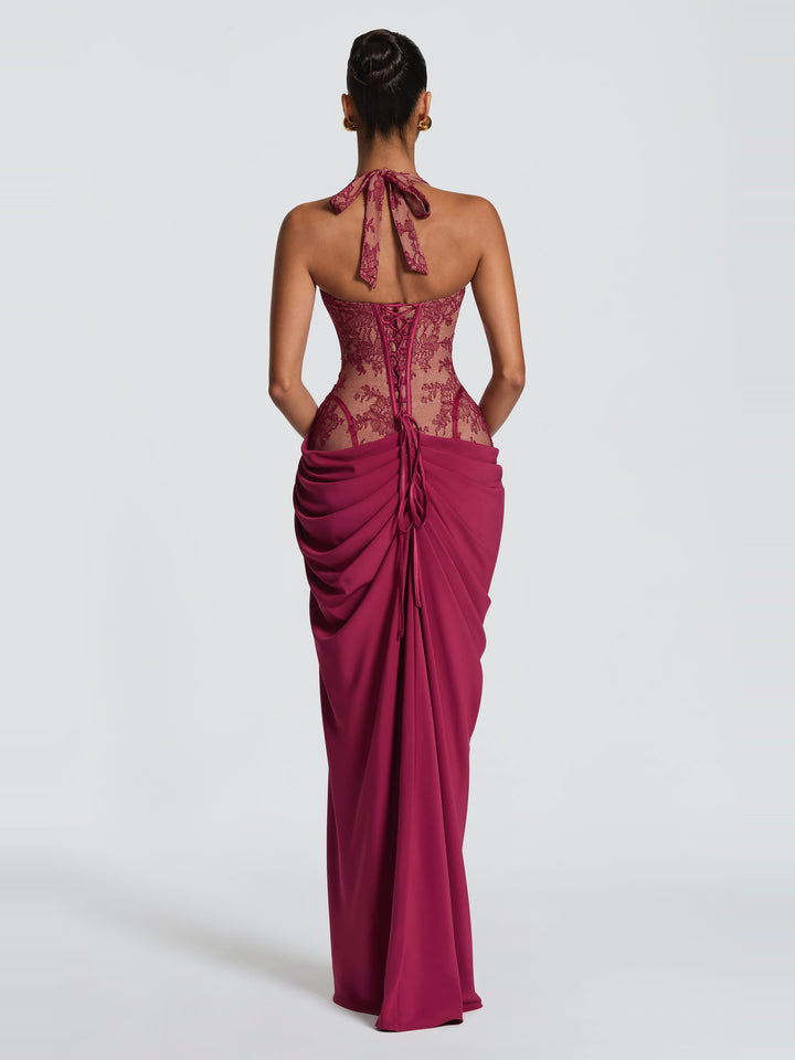 Bonita Halter Yaka Çiçekli Dantel Korse Yırtmaçlı Maksi Elbise - Dut - Dut detay 1