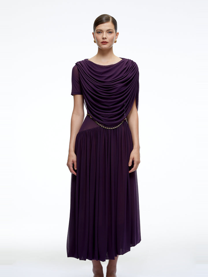 Lysiane Pileli Drape Yaka Midi Elbise - Mor - Mor detay 1