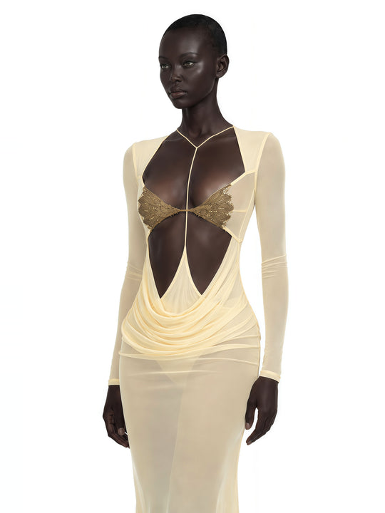 Cressida Cut-Out Halter Balık Etek Maksi Elbise - Sarı - Sarı detay 1
