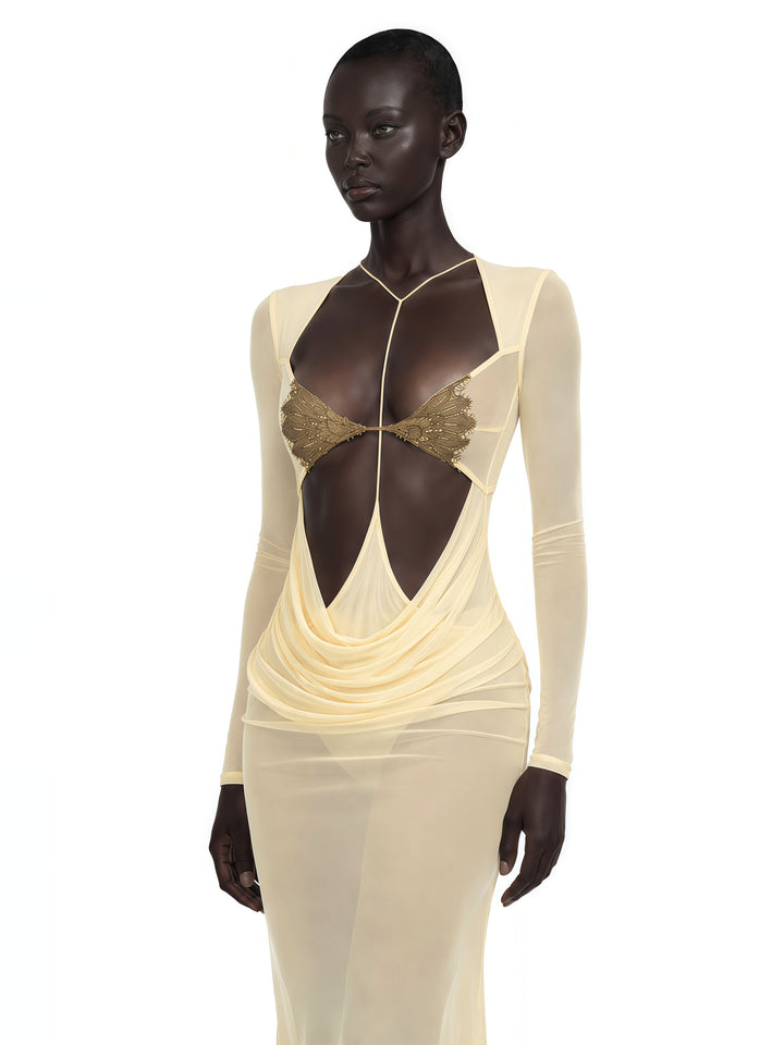 Cressida Cut-Out Halter Balık Etek Maksi Elbise - Sarı - Sarı detay 1