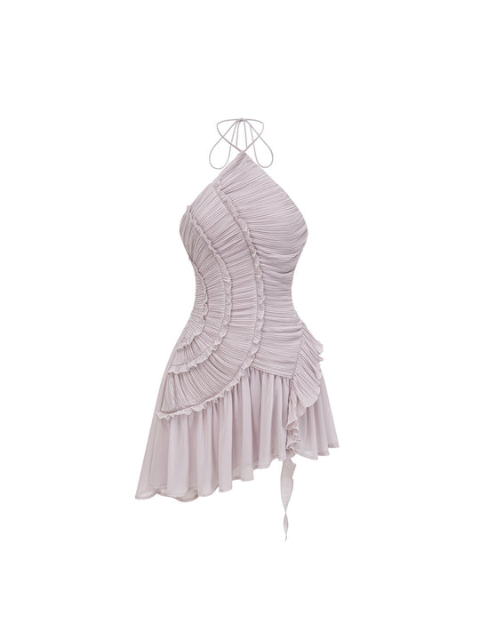 Doux Halter Yaka Fırfır Detaylı Mini Elbise - Mor - Mor detay 1
