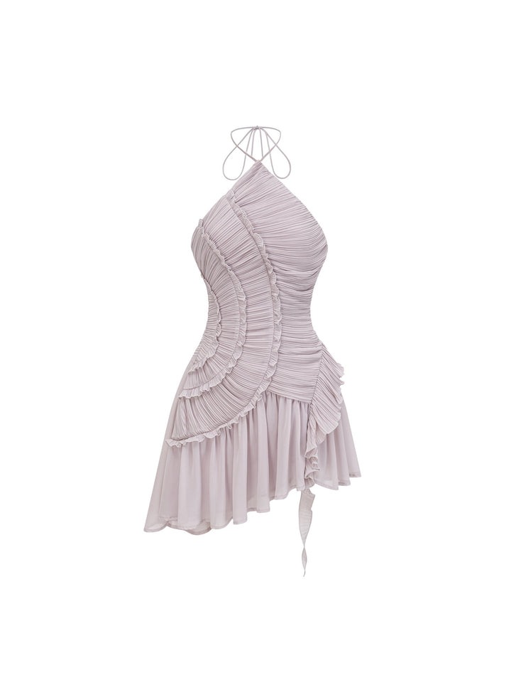 Doux Halter Yaka Fırfır Detaylı Mini Elbise - Mor - Mor detay 1