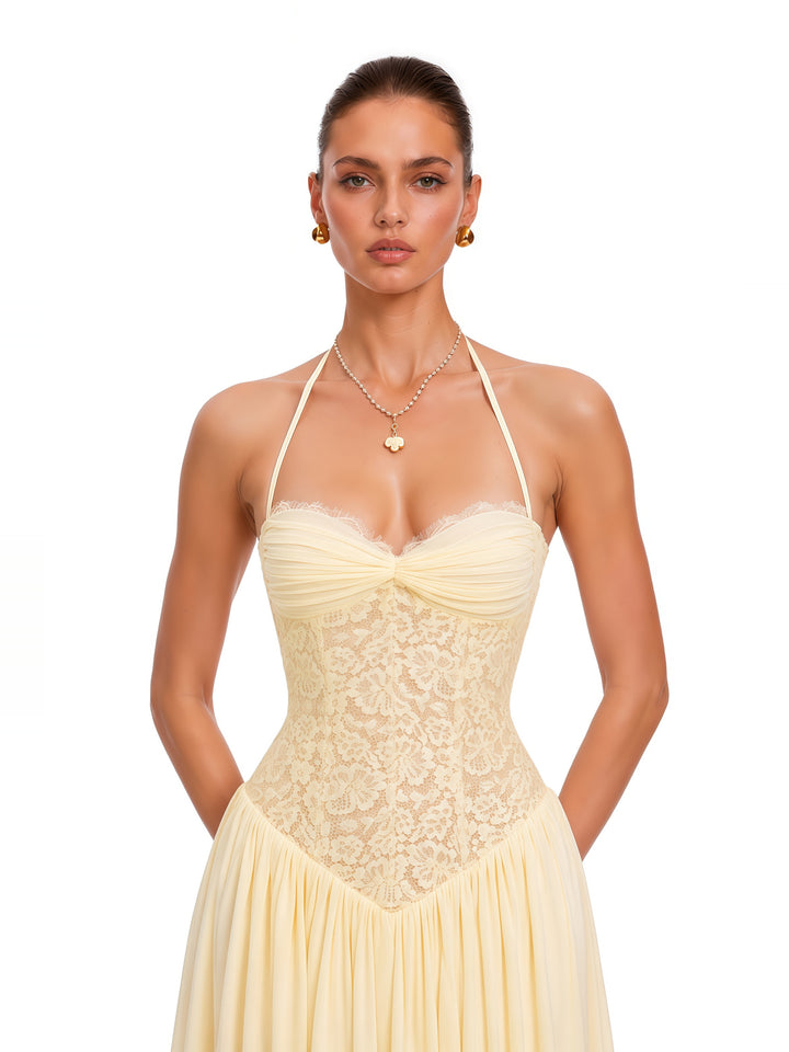 Joelle Halter Dantel Korse Maksi Elbise - Sarı detay 1