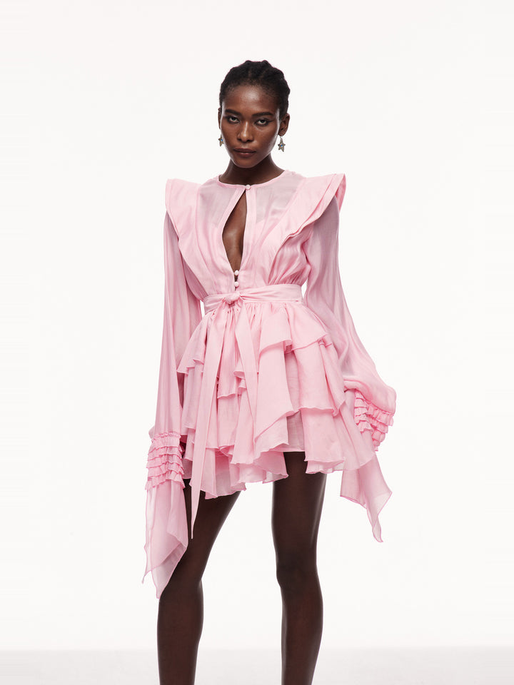Celsus Uzun Kollu Fırfırlı Cut-out Mini Elbise - Pembe - Pembe detay 2
