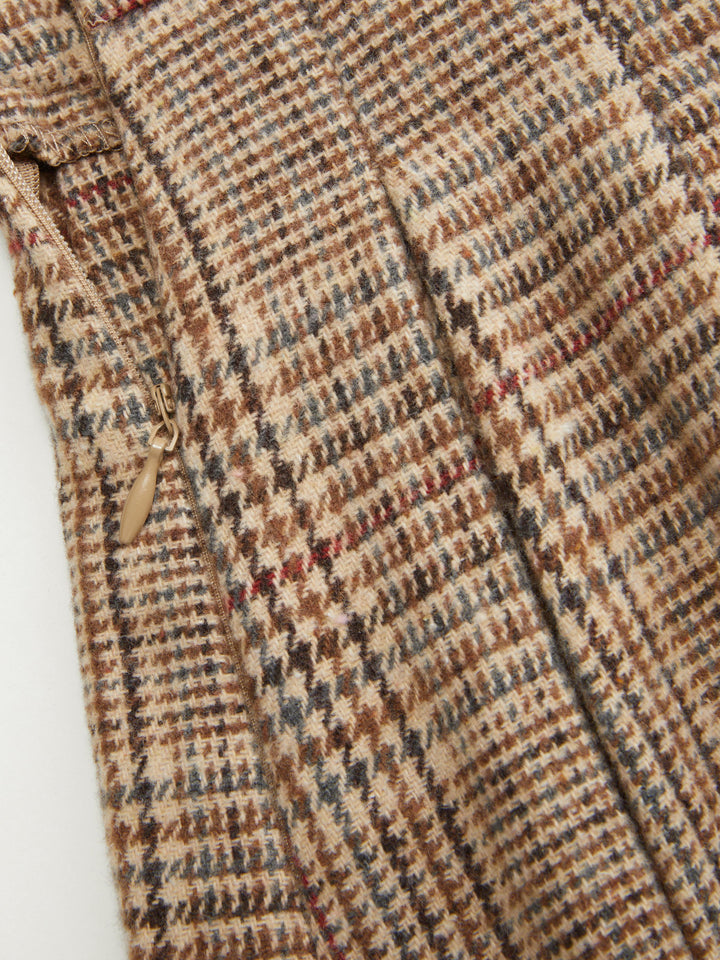 Tweed Kazayağı Desenli Pileli Mini Etek - Camel - Camel detay 2