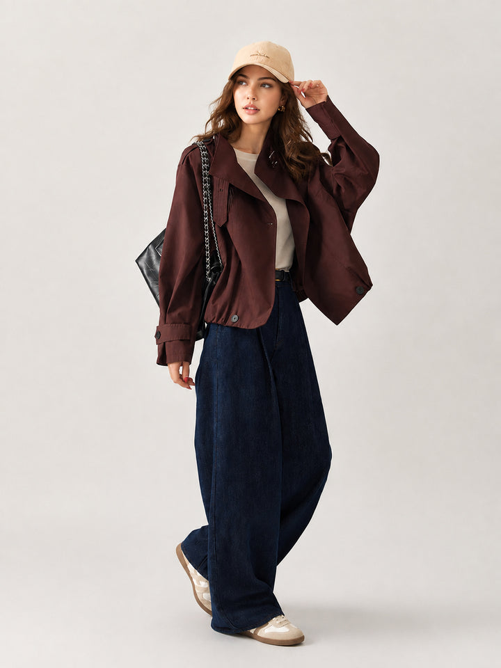 Oversize Kruvaze Kısa Trençkot - Bordo detay 2