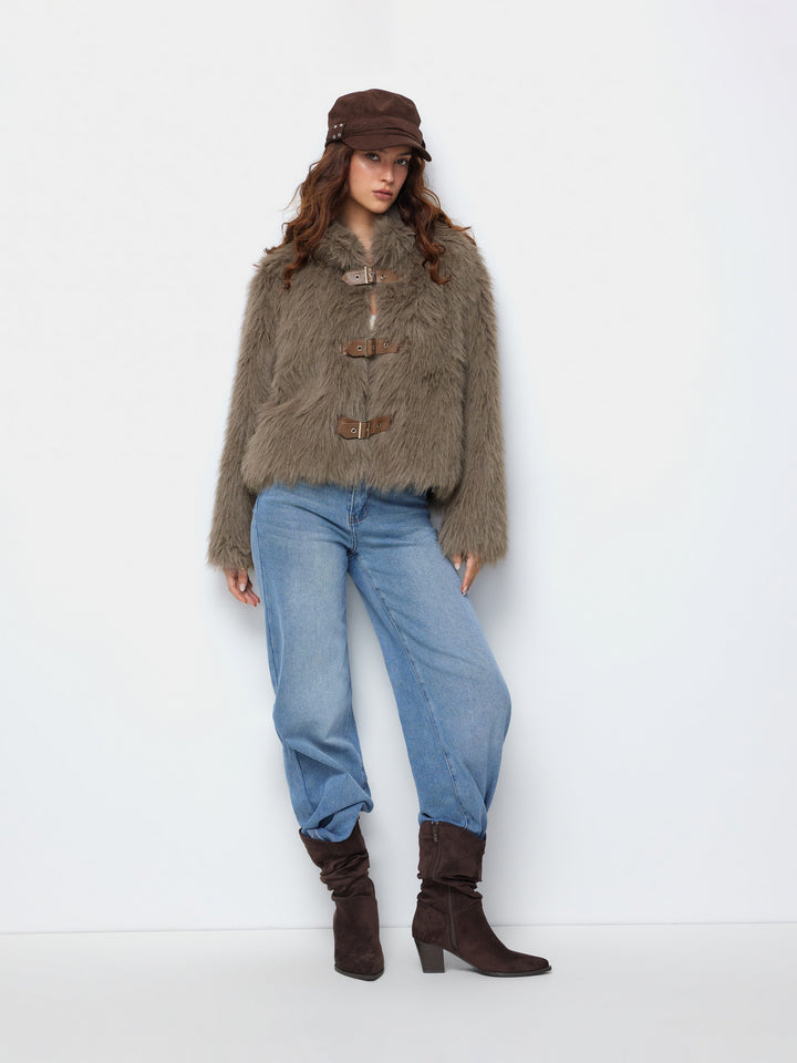 Tokalı Suni Kürk Oversize Ceket - Vizon - Vizon detay 2