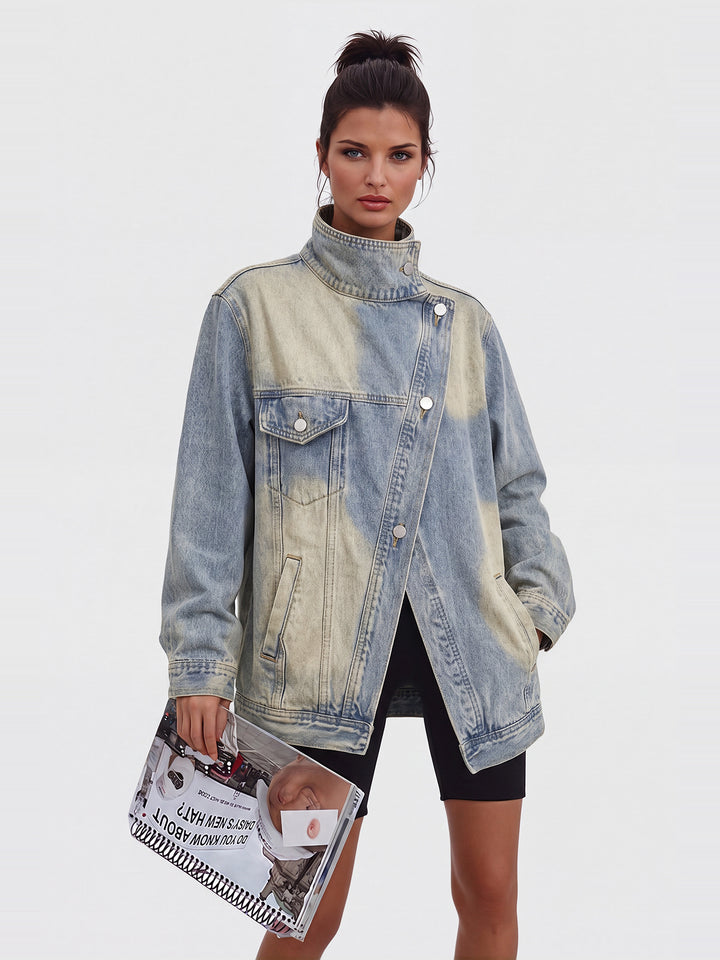Aegle Dik Yaka Asimetrik Kapamalı Oversize Denim Ceket - Açık Mavi - Açık Mavi detay 2