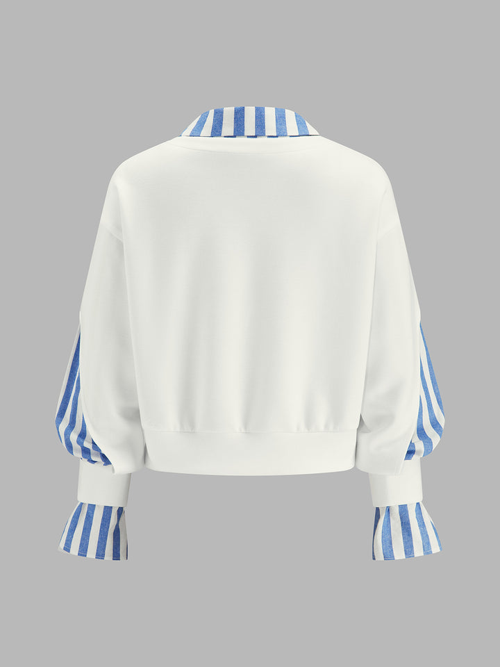 Çizgili Parçalı Gömlek Detaylı Sweatshirt - Kırık Beyaz detay 2