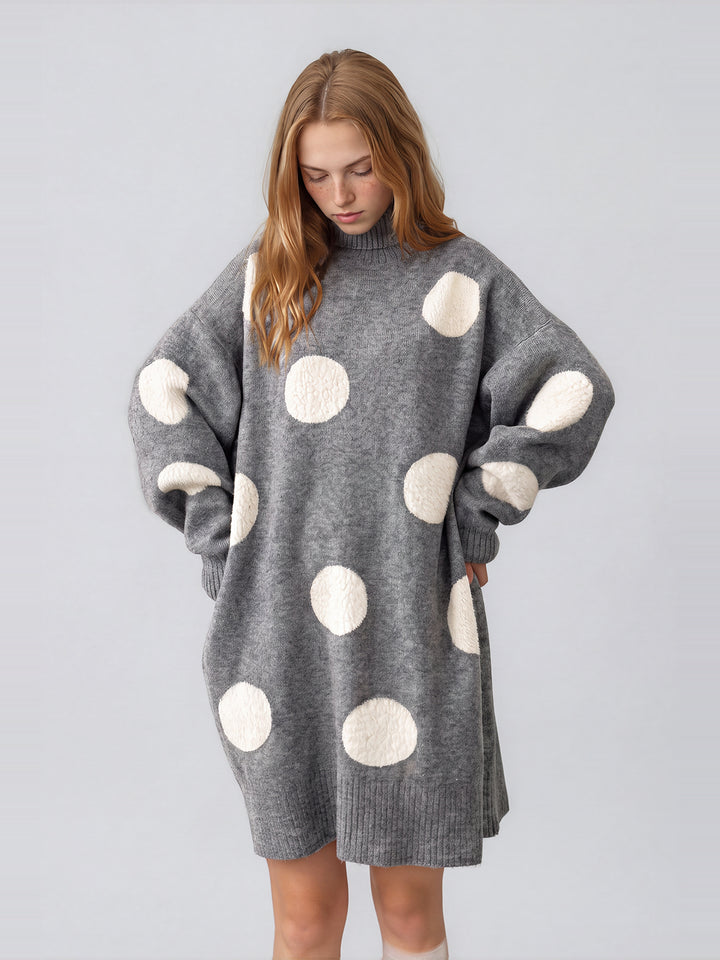 Naima Boğazlı Puantiyeli Oversize Triko Mini Elbise - Gri - Gri detay 2