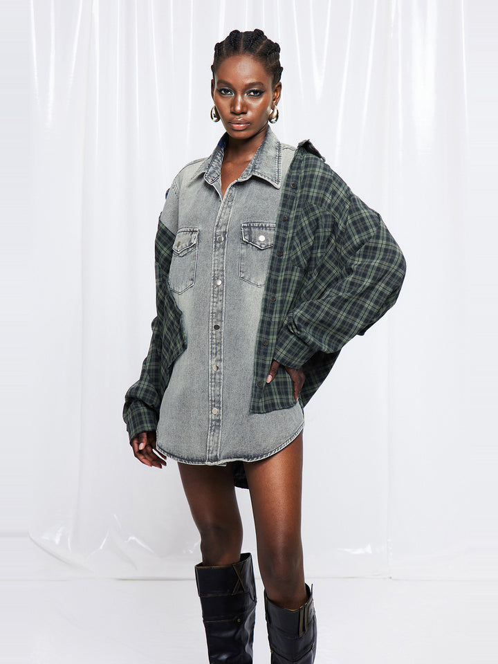 Friedrich Ekose Panelli Oversize Denim Ceket - Gri - Gri detay 2