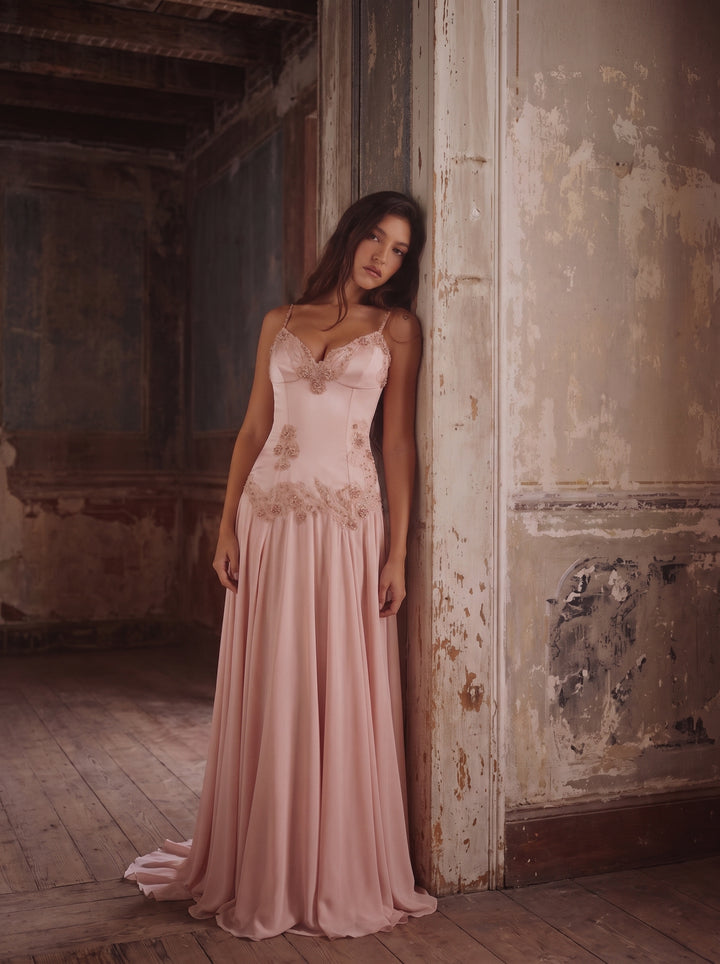 Saloma Taşlı Saten Korse Maksi Elbise - Pudra Pembe - Pudra Pembe detay 2