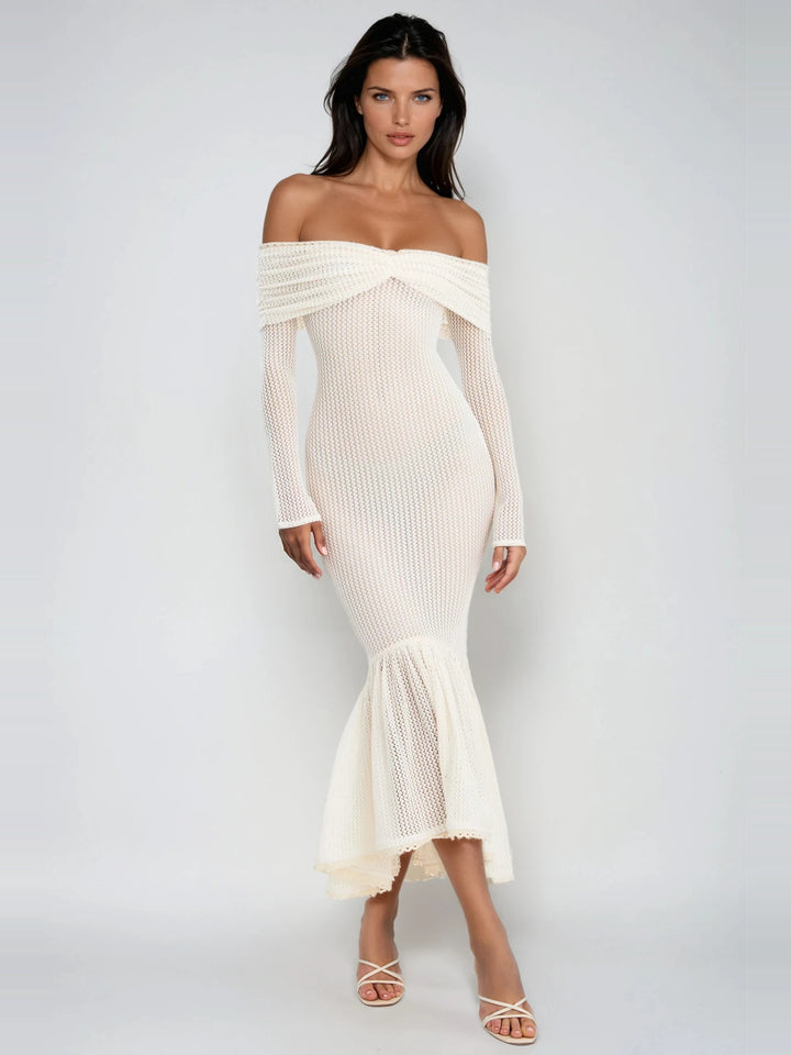 Dilwen Düşük Omuz Örme Bodycon Midi Elbise - Krem - Krem detay 2