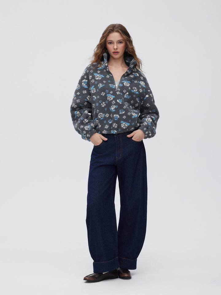 Polar Çiçek Desenli Dik Yaka Oversize Sweatshirt - Gri - Gri detay 2
