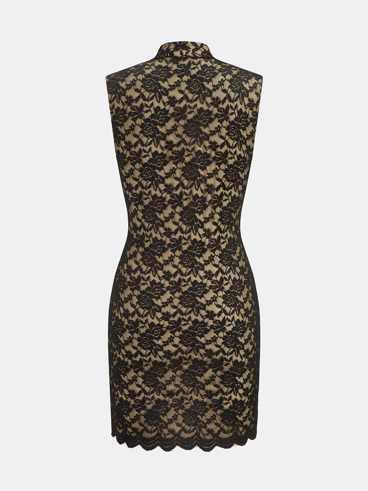 Damla Yakalı Dantel Bodycon Mini Elbise - Siyah - Siyah detay 2