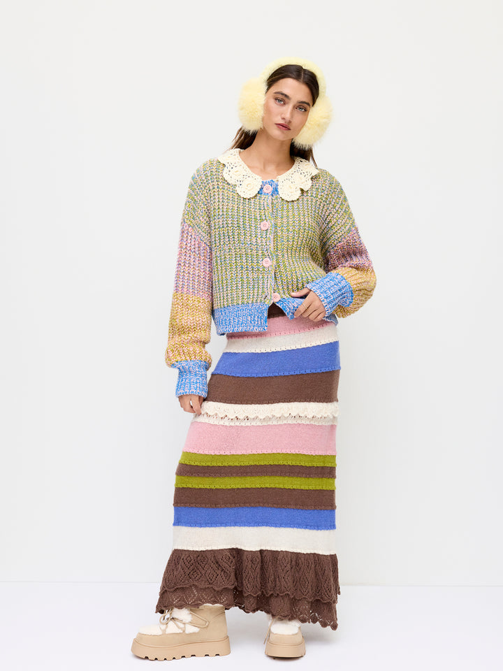 Colorblock Yuvarlak Yaka Oversize Triko Hırka - Yeşil - Yeşil Çok Renkli detay 2