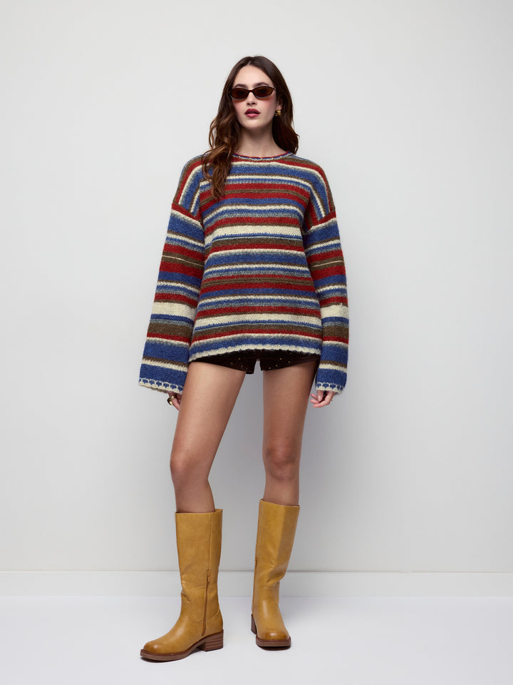 Çizgili Oversize Triko Kazak - Çok Renkli - Çok Renkli Çizgili detay 2