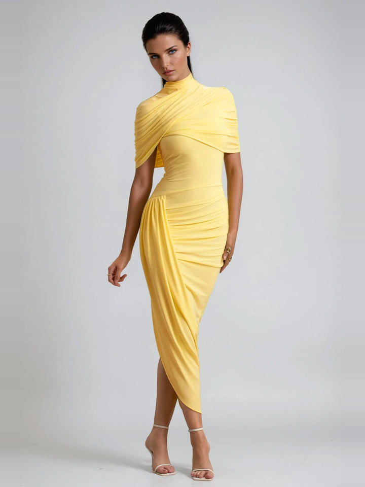 Dominika Dik Yaka Drapeli Şal Bodycon Midi Elbise - Limon Sarısı - Limon Sarısı detay 2