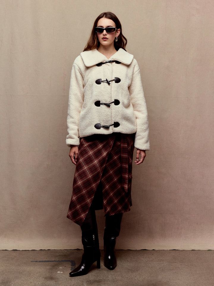 Peluş Polar Çubuk Düğmeli Oversize Ceket - Krem - Krem detay 1