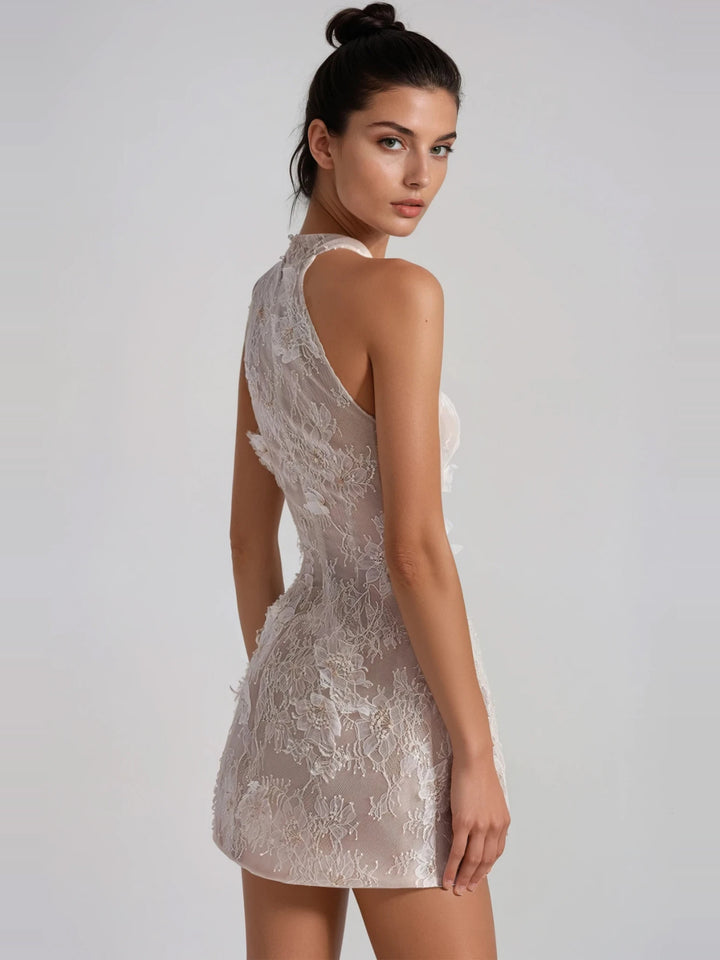 Filippa Halter Yaka Üç Boyutlu Çiçek Dantel Mini Elbise - Kayısı - Kayısı detay 2