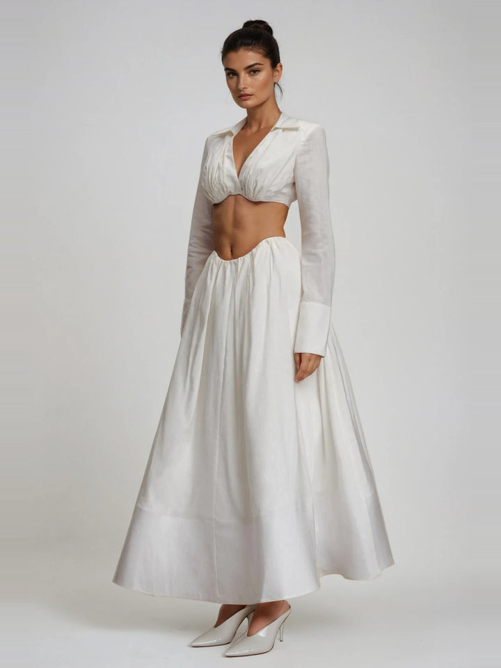 Diklah Gömlek Yakalı Crop Bluz ve Kloş Midi Etek Takım - Beyaz - Beyaz detay 2