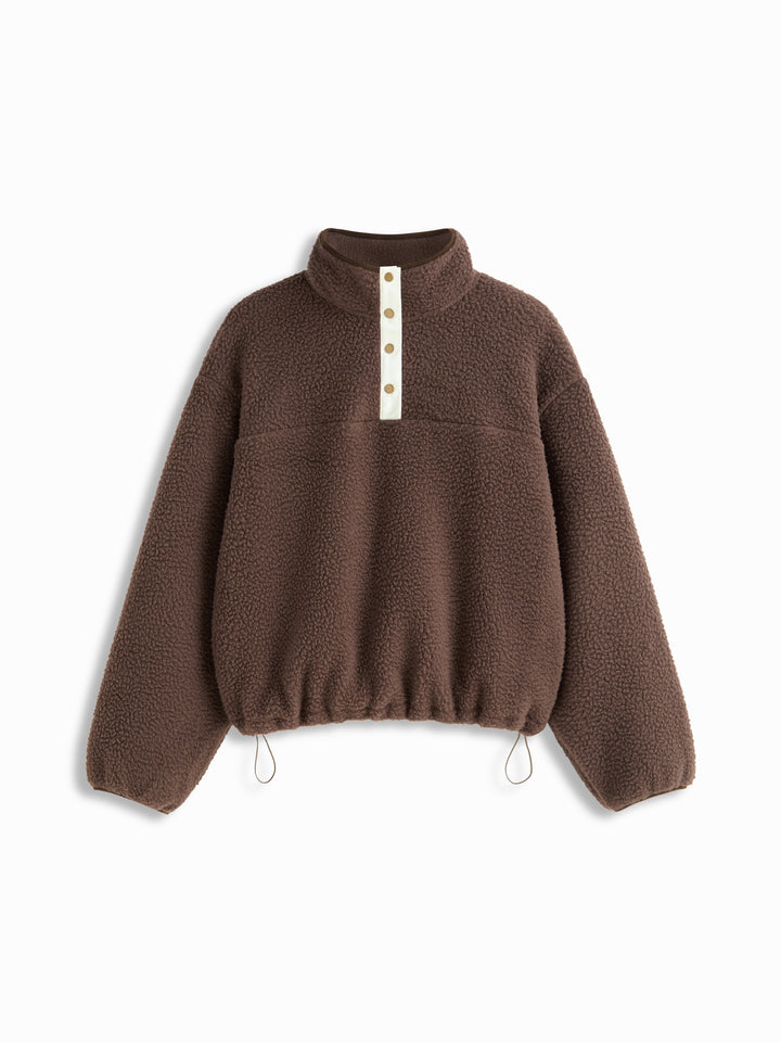 Sherpa Polar Dik Yakalı Çıtçıtlı Oversize Sweatshirt - Kahve detay 1