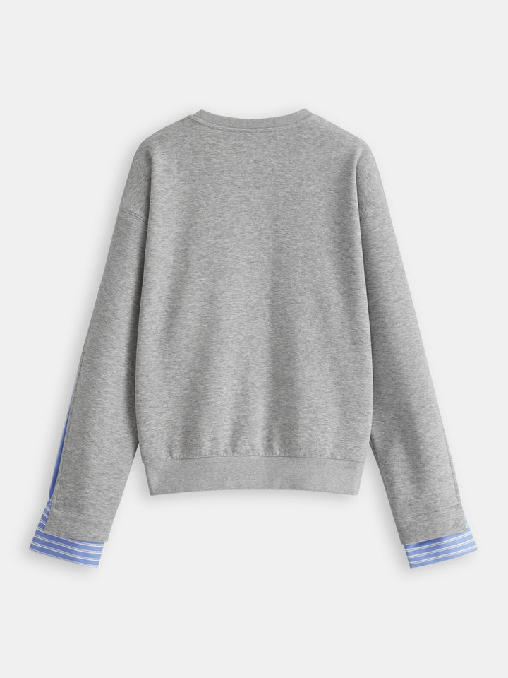 Çizgili Gömlek Panelli Bisiklet Yaka Sweatshirt - Açık Gri - Açık Gri detay 2
