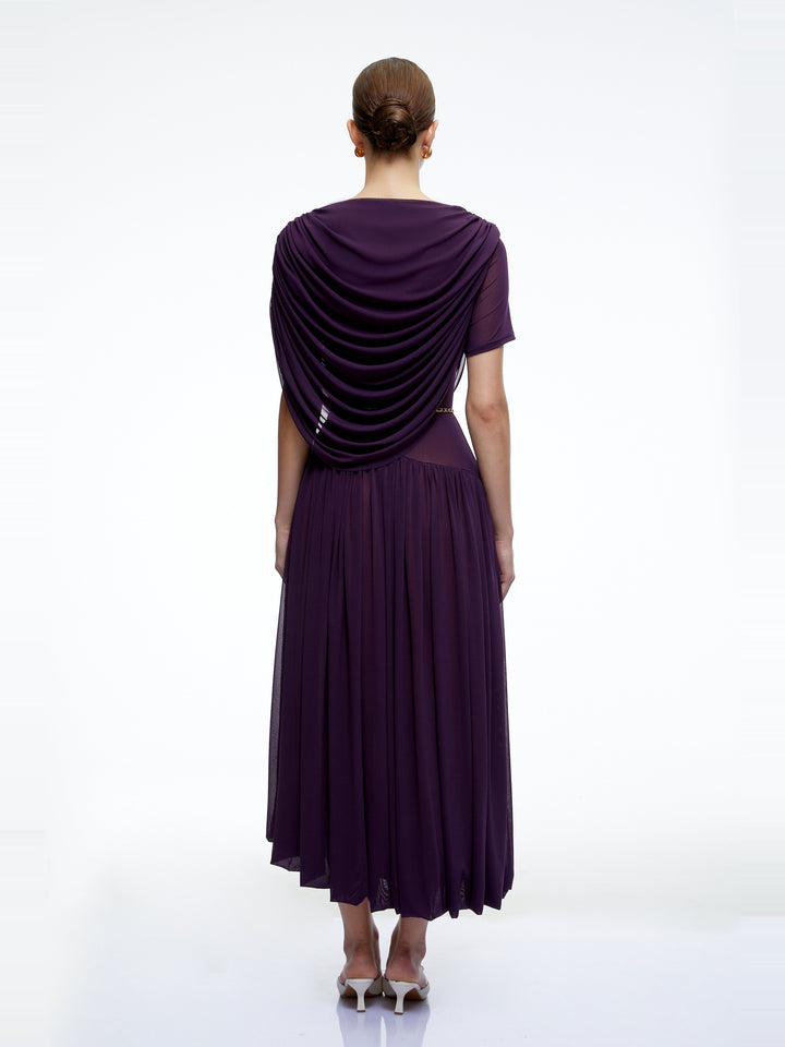 Lysiane Pileli Drape Yaka Midi Elbise - Mor - Mor detay 2