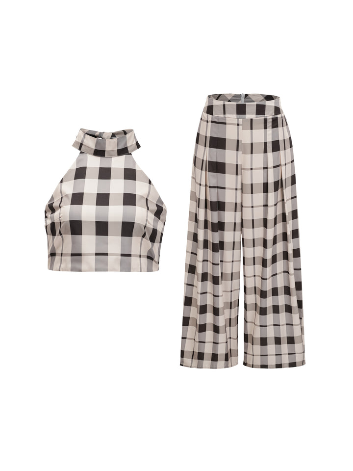 Buket Ekose Halter Crop Bluz ve Bol Paça Pantolon Takımı - Krem Kahve - Krem ve Kahverengi detay 2