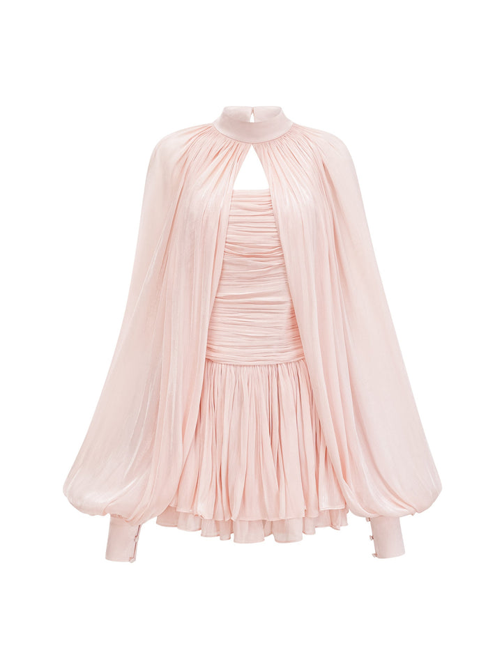 Bernice Pelerinli Saten Mini Elbise Takımı - Pembe - Pembe detay 2