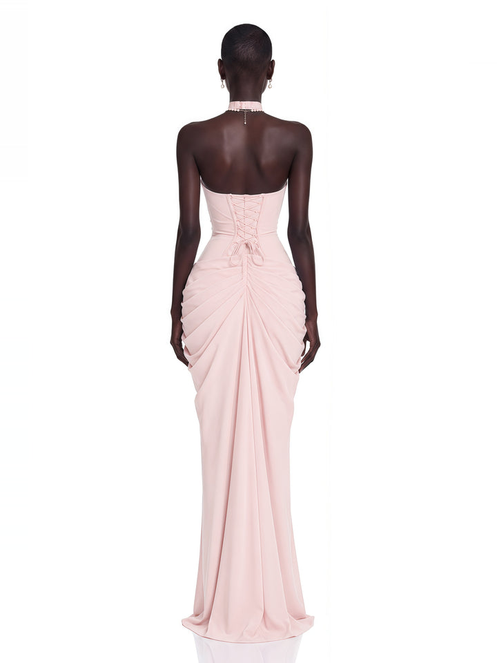 Ombeline Halter Korse Yırtmaçlı Maksi Elbise - Pembe - Pembe detay 2