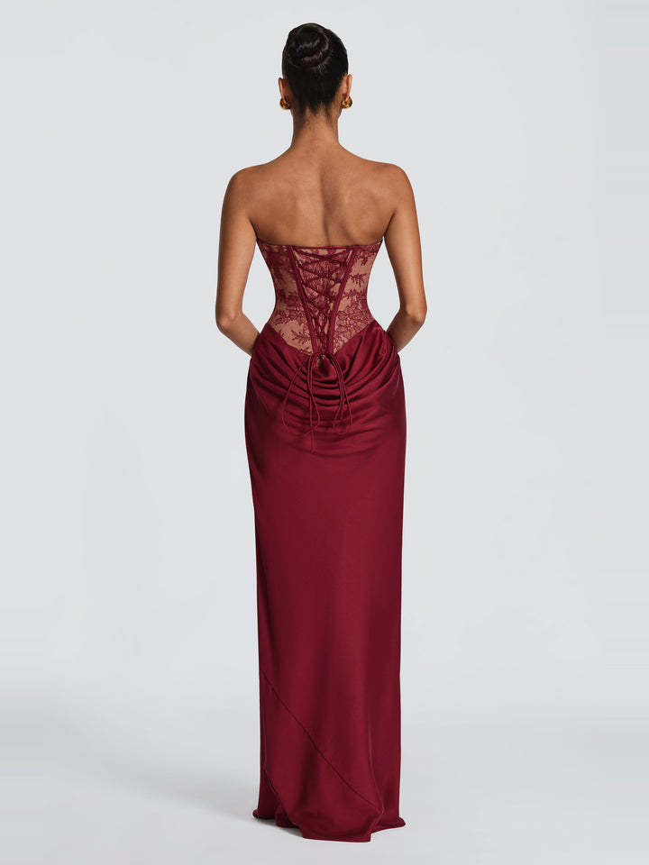 Kathleen Straplez Dantel Korse Maksi Elbise - Bordo - Bordo detay 2