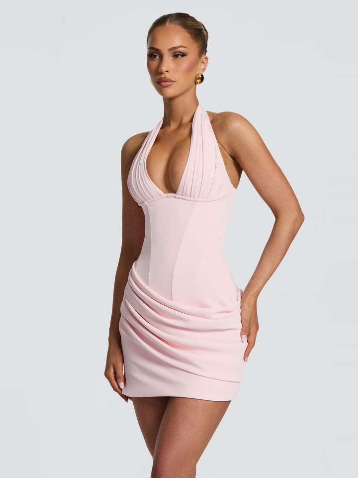 Nehemia Halter Korse Drapeli Mini Elbise - Pudra - Pudra detay 2