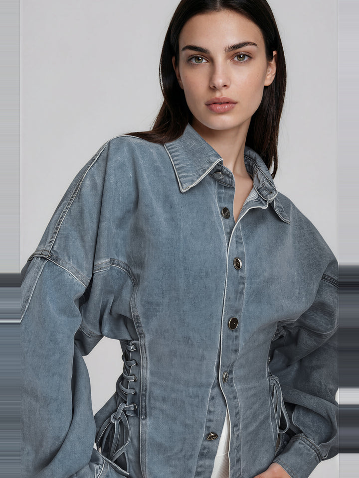 Khaza Korse Bağcıklı Oversize Denim Gömlek - Gri Mavi - Gri Mavi detay 2