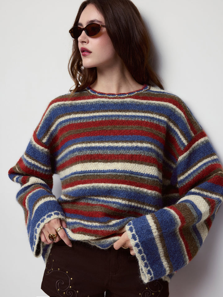 Çizgili Oversize Triko Kazak - Çok Renkli - Çok Renkli Çizgili detay 3