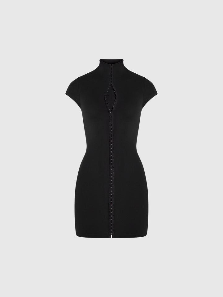 Dorine Fermuarlı Dik Yaka Bodycon Mini Elbise - Siyah - Siyah detay 3