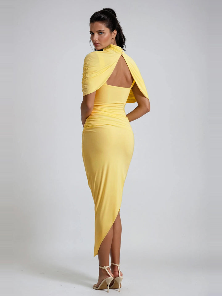 Dominika Dik Yaka Drapeli Şal Bodycon Midi Elbise - Limon Sarısı - Limon Sarısı detay 3