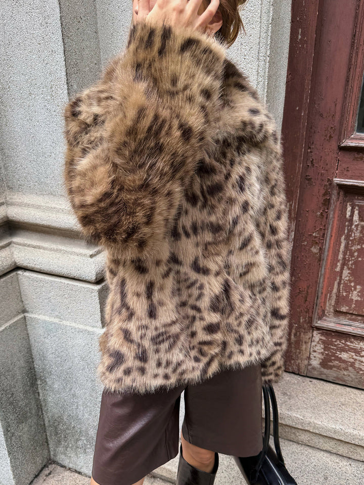 Leopar Desenli Suni Kürk Kaban - Haki - Haki detay 3