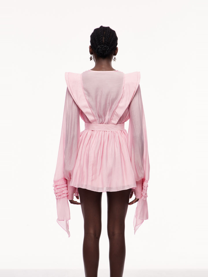 Celsus Uzun Kollu Fırfırlı Cut-out Mini Elbise - Pembe - Pembe detay 3