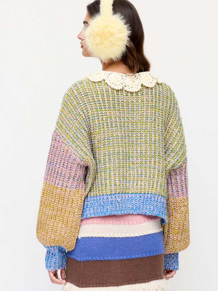 Colorblock Yuvarlak Yaka Oversize Triko Hırka - Yeşil - Yeşil Çok Renkli detay 3