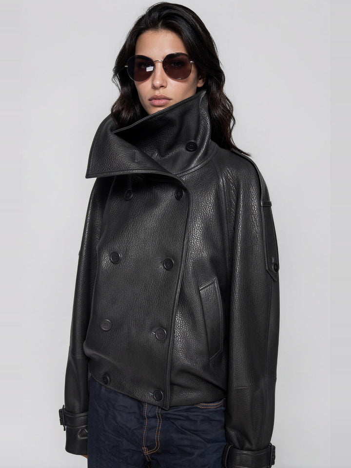 Khan Dik Huni Yaka Deri Görünümlü Kruvaze Ceket - Gri - Gri detay 3